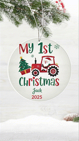 Personalized My 1st Christmas Santa Tractor Acrylic Ornament with Name & Year Keepsake Gift