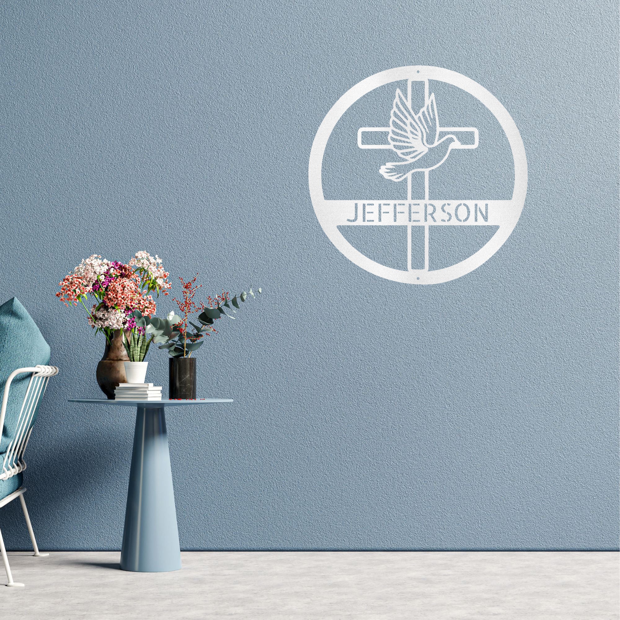 Personalized Christian Cross & Dove Metal Wall Art – Custom Family Name Faith Sign – Laser Cut Steel Religious Home Decor
