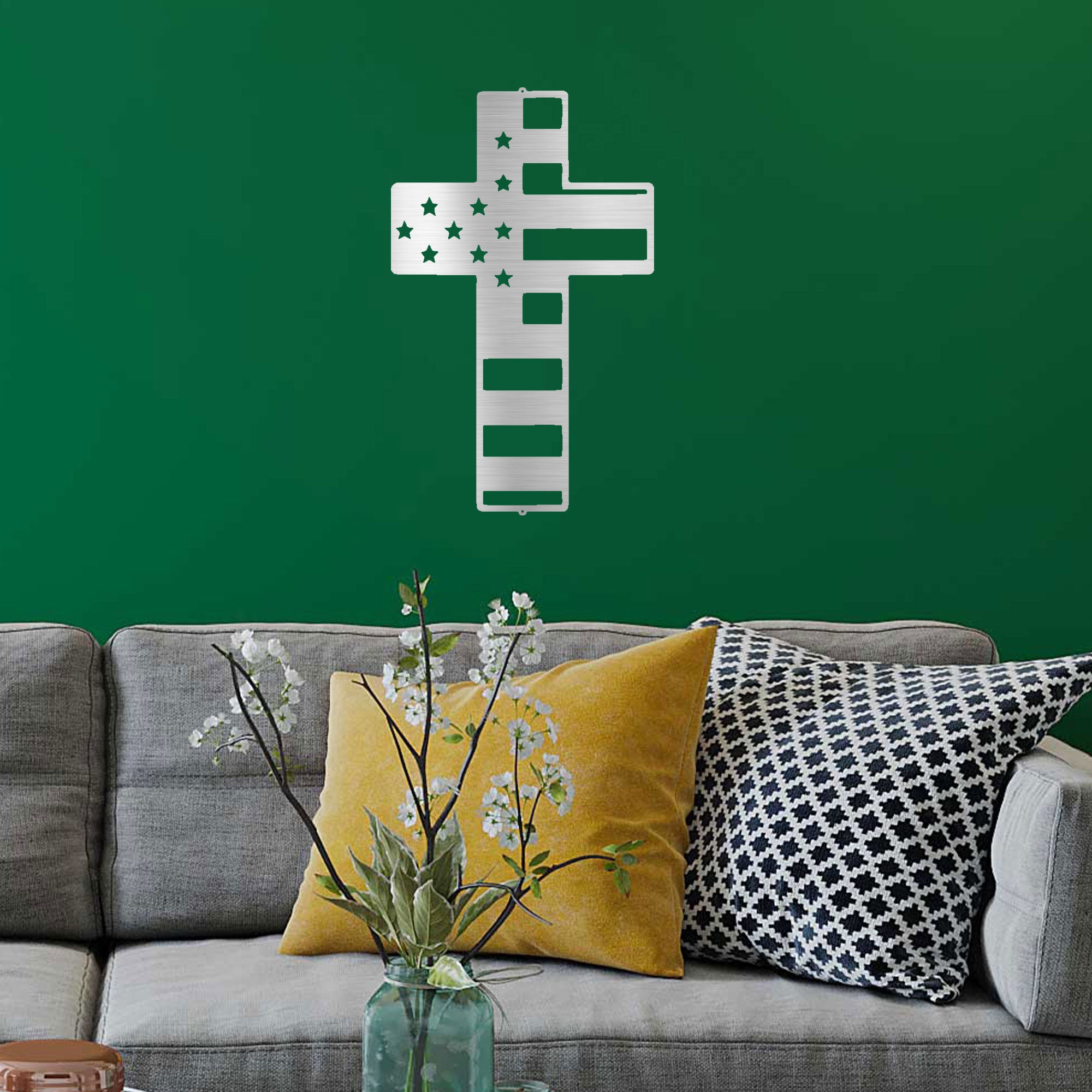 American Flag Cross Metal Wall Art – Patriotic Christian Cross Decor – USA Flag Faith Steel Sign – Veteran Tribute Wall Decor
