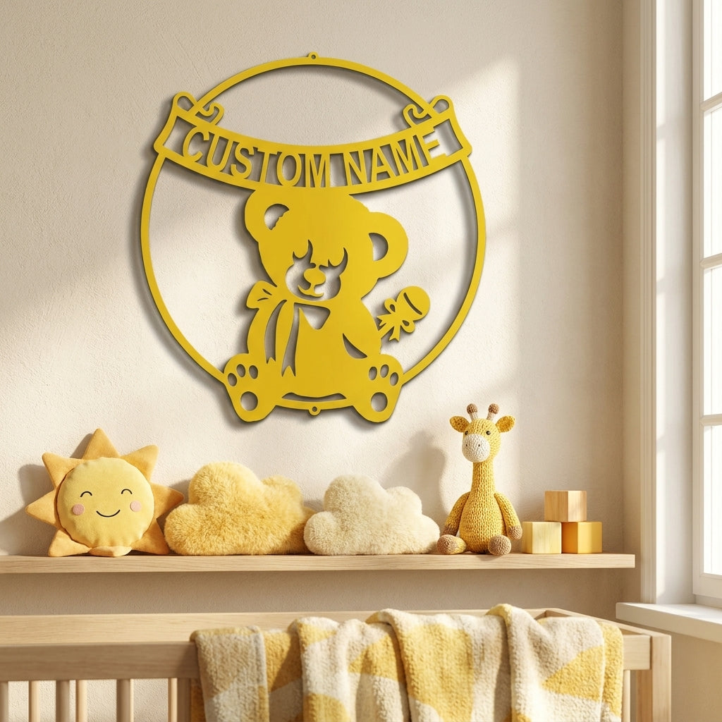 Personalized Baby Name Teddy Bear Metal Wall Art – Custom Nursery Name Sign – Laser Cut Steel Baby Room Decor – Baby Shower Gift