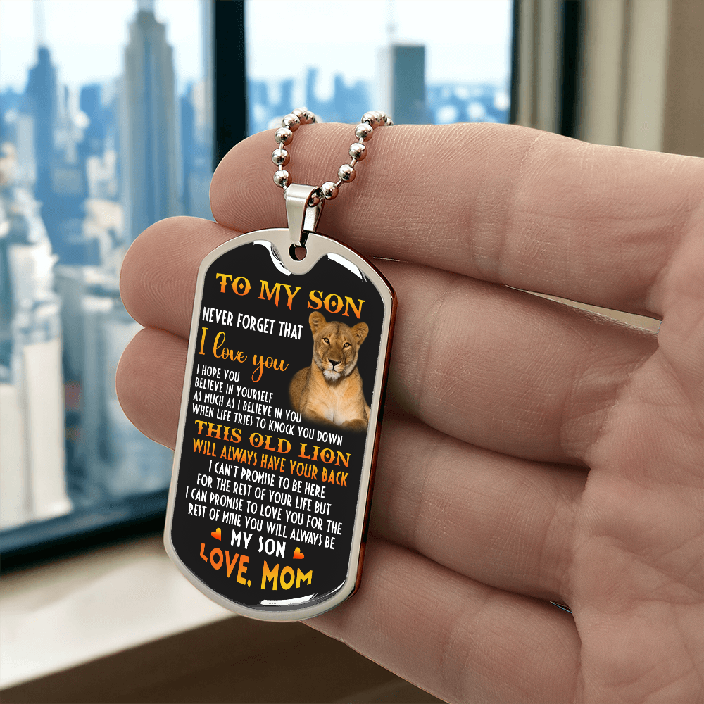 To My Son, Inspirational Graphic This Old Lion Dog Tag Necklace Gift from Mom