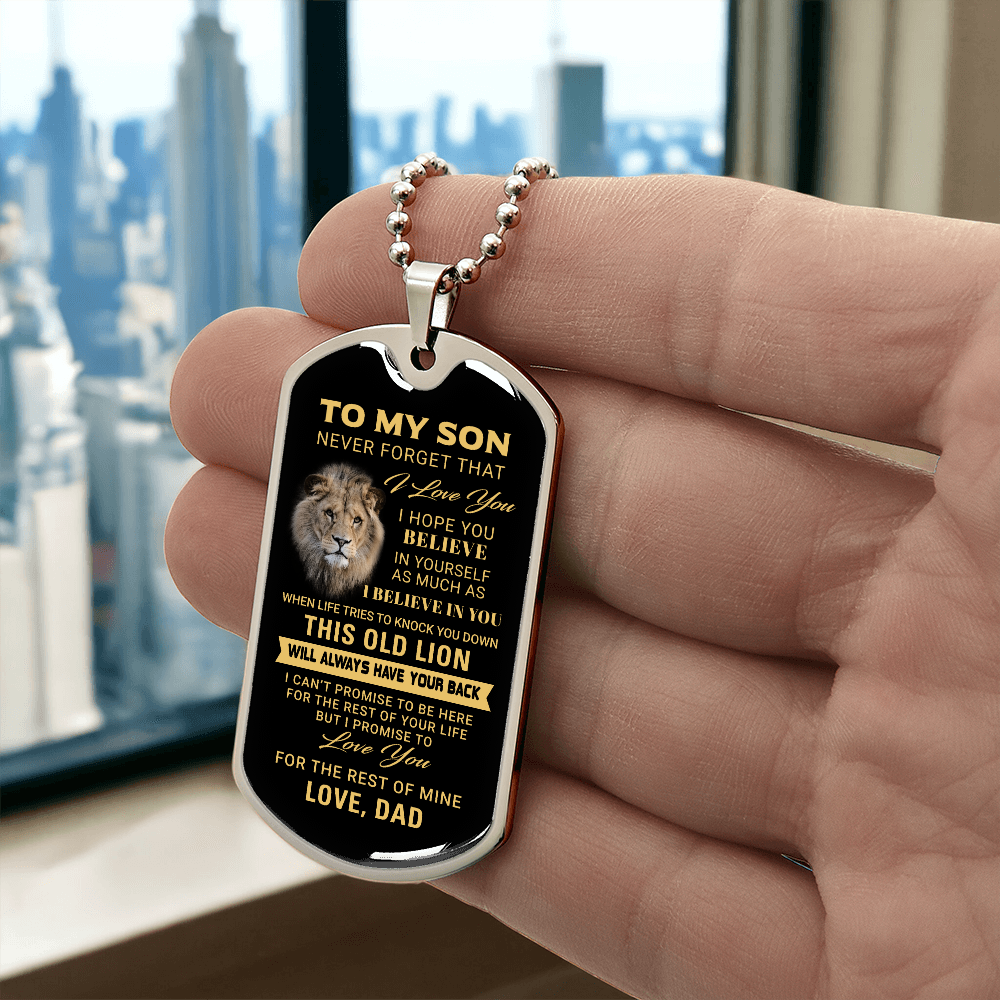 To My Son, This Old Lion Inspirational Dog Tag Necklace, Gift from Dad