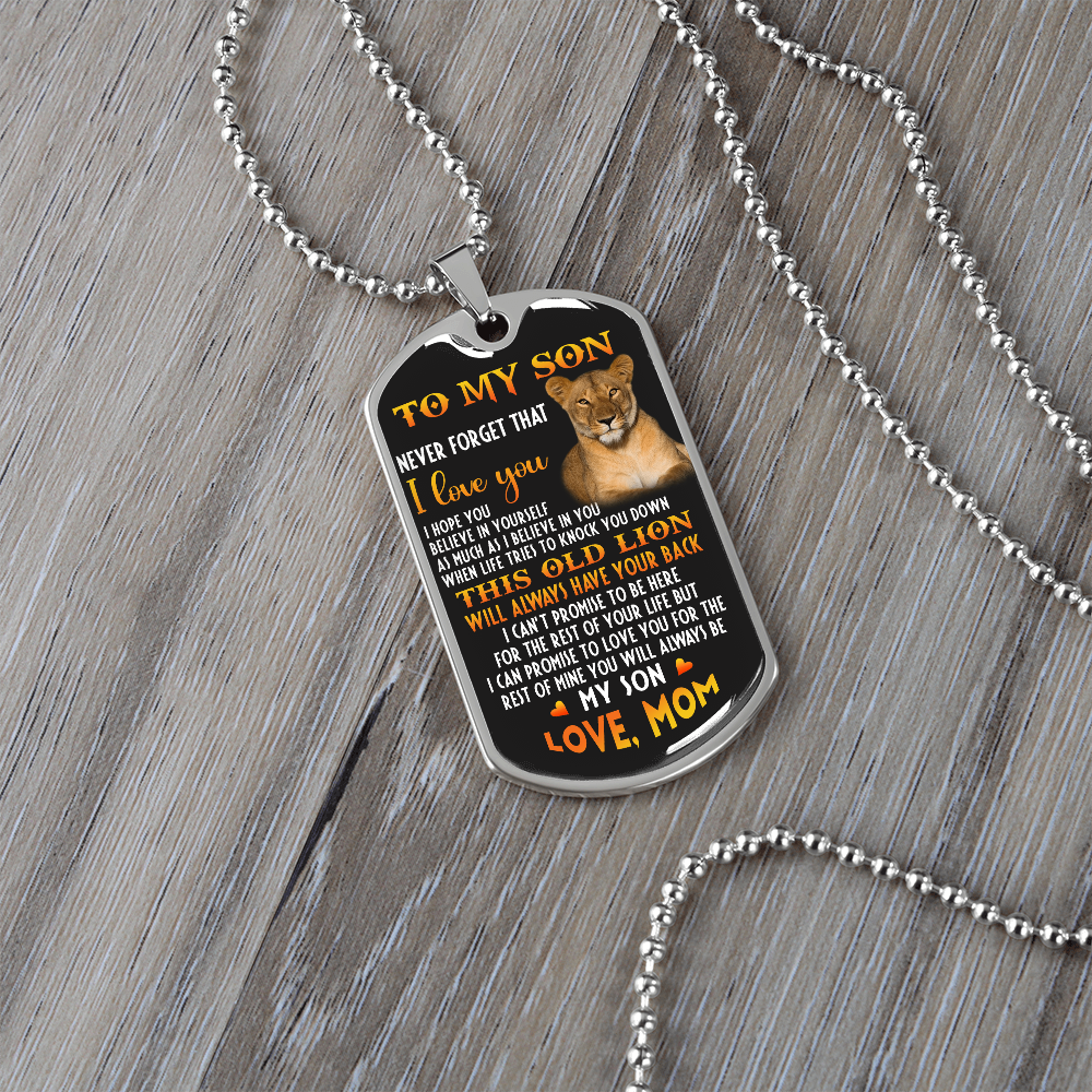 To My Son, Inspirational Graphic This Old Lion Dog Tag Necklace Gift from Mom