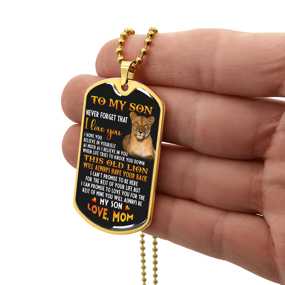 To My Son, Inspirational Graphic This Old Lion Dog Tag Necklace Gift from Mom
