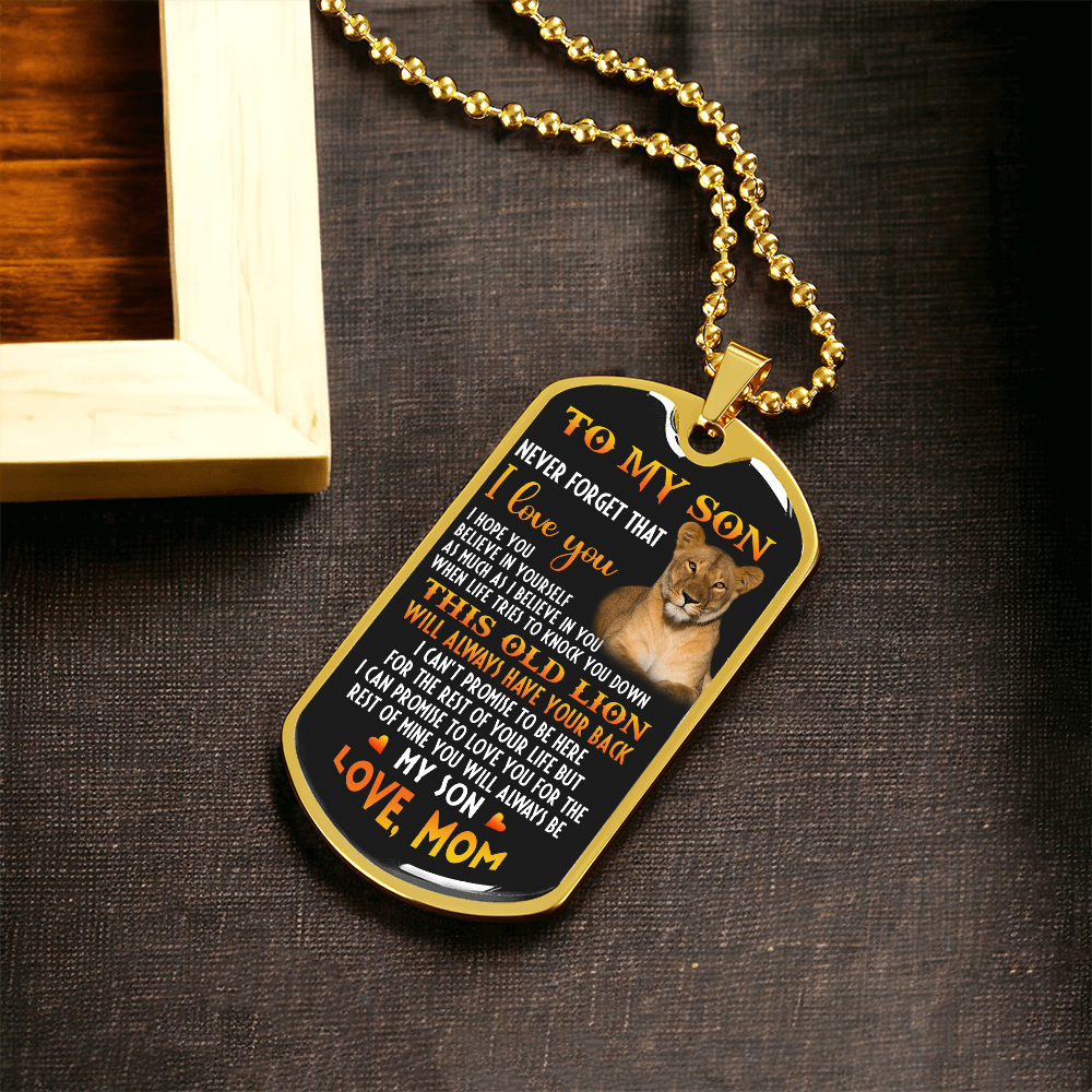 To My Son, Inspirational Graphic This Old Lion Dog Tag Necklace Gift from Mom