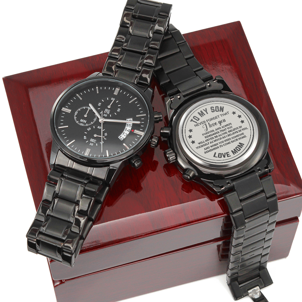 To My Son, You will Never Be Alone Engraved Chronograph Watch. Gift from Mom