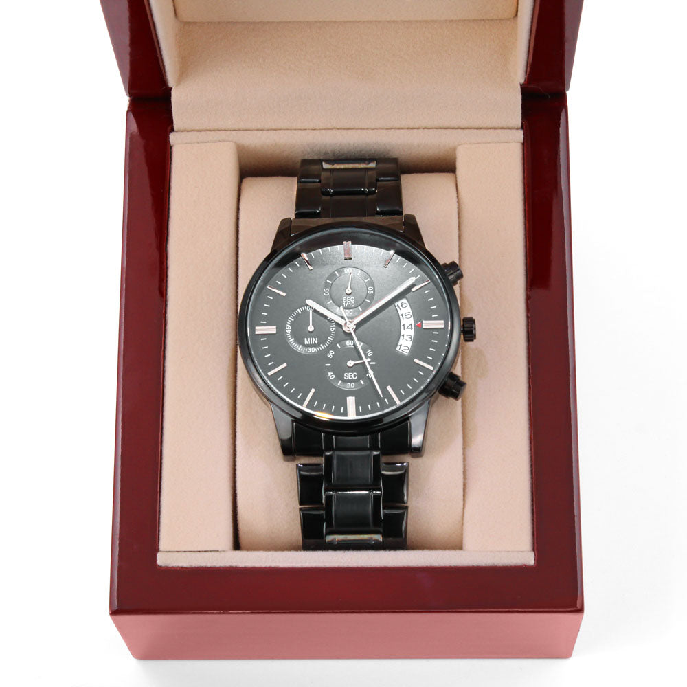To My Son, You will Never Be Alone Engraved Chronograph Watch. Gift from Dad