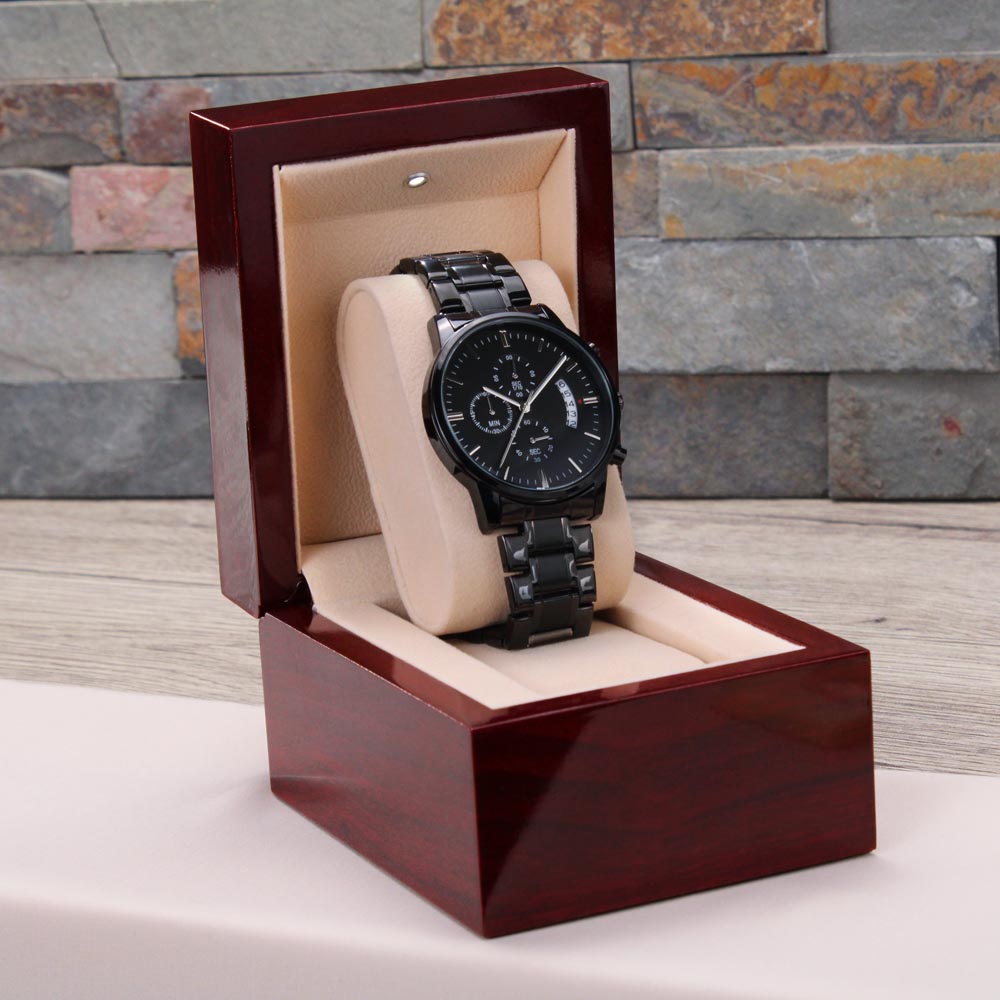 To My Son, You will Never Be Alone Engraved Chronograph Watch. Gift from Dad