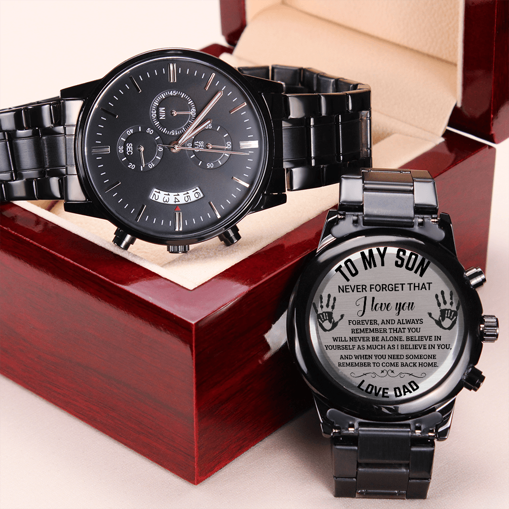 To My Son, You will Never Be Alone Engraved Chronograph Watch. Gift from Dad