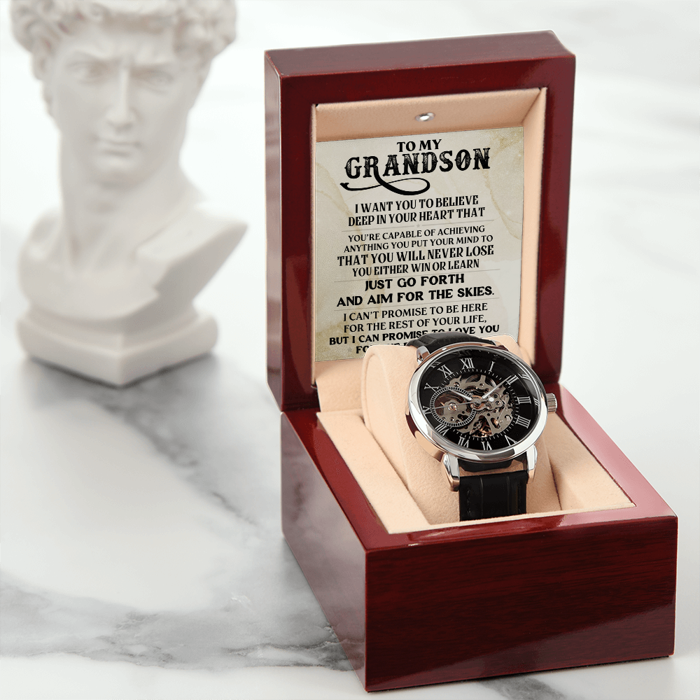 To My Grandson Skeleton Watch – Inspirational Gift from Grandpa or Grandma • Luxury Mechanical Watch with Message Card • Timeless Keepsake for Graduation, Birthday or Christmas