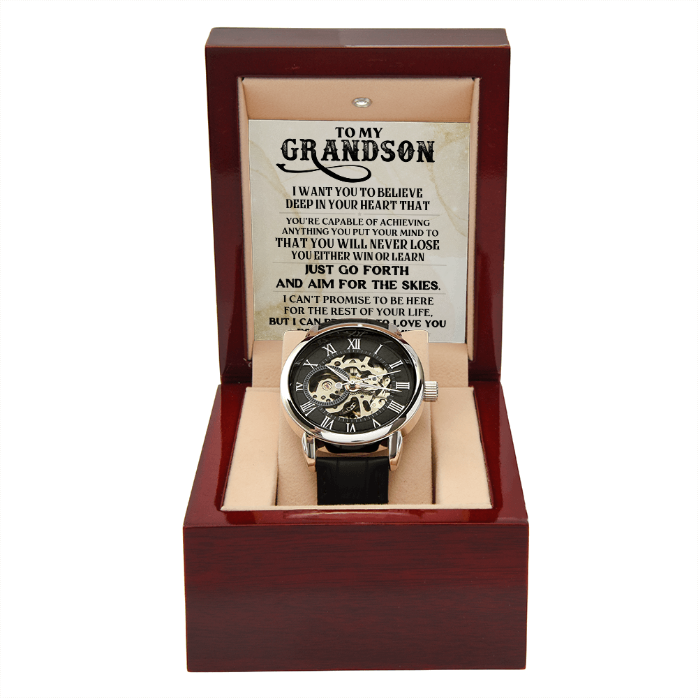 To My Grandson Skeleton Watch – Inspirational Gift from Grandpa or Grandma • Luxury Mechanical Watch with Message Card • Timeless Keepsake for Graduation, Birthday or Christmas