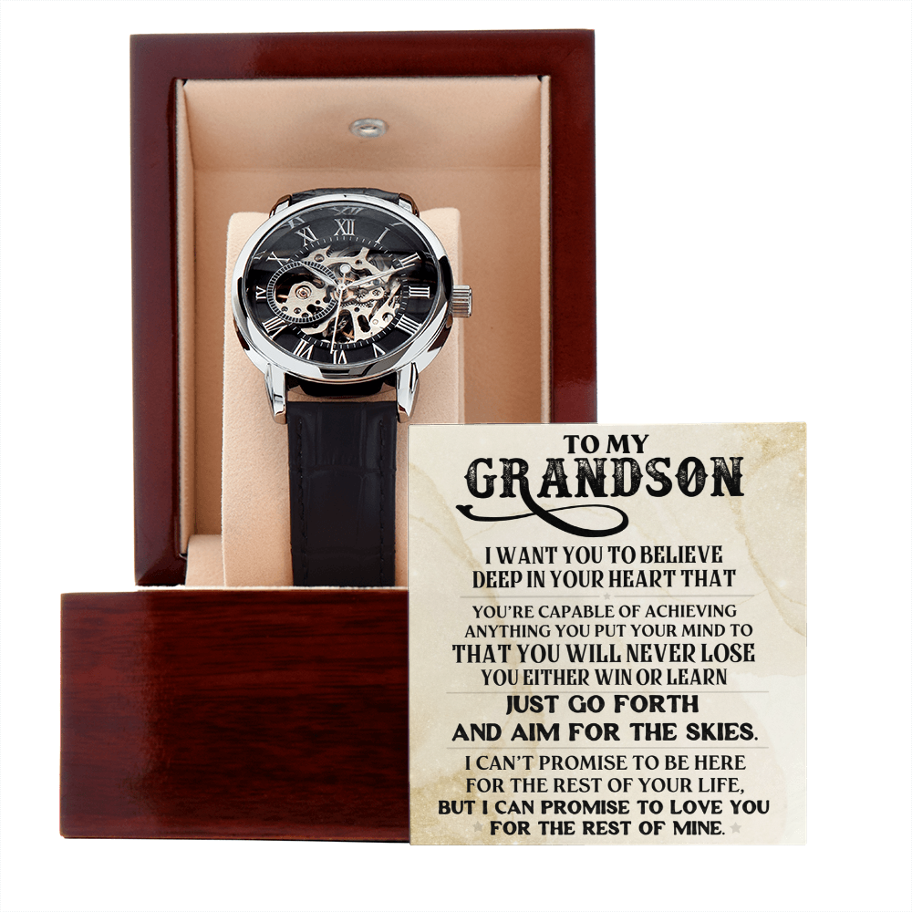 To My Grandson Skeleton Watch – Inspirational Gift from Grandpa or Grandma • Luxury Mechanical Watch with Message Card • Timeless Keepsake for Graduation, Birthday or Christmas