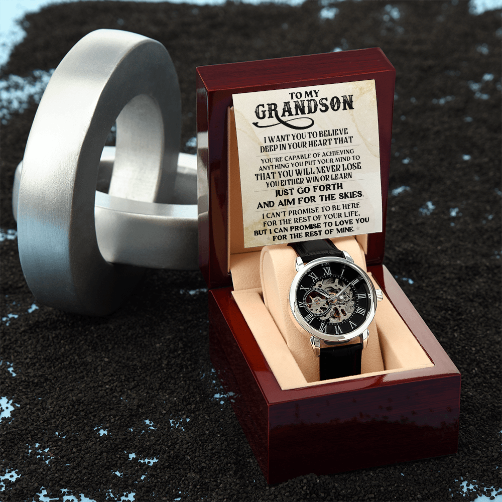 To My Grandson Skeleton Watch – Inspirational Gift from Grandpa or Grandma • Luxury Mechanical Watch with Message Card • Timeless Keepsake for Graduation, Birthday or Christmas