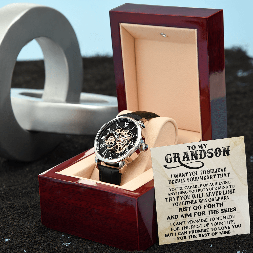 To My Grandson Skeleton Watch – Inspirational Gift from Grandpa or Grandma • Luxury Mechanical Watch with Message Card • Timeless Keepsake for Graduation, Birthday or Christmas