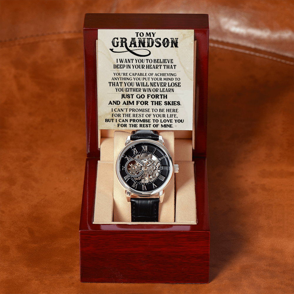 To My Grandson Skeleton Watch – Inspirational Gift from Grandpa or Grandma • Luxury Mechanical Watch with Message Card • Timeless Keepsake for Graduation, Birthday or Christmas