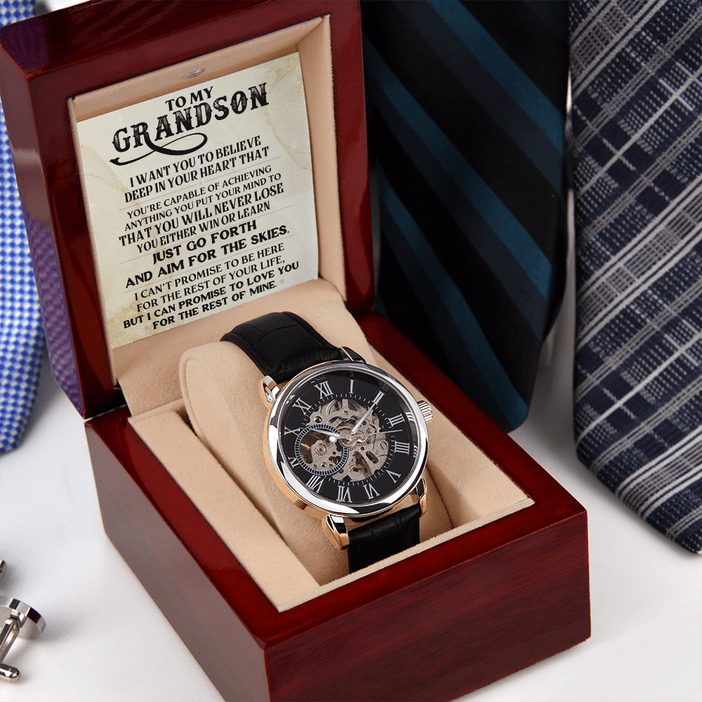 To My Grandson Skeleton Watch – Inspirational Gift from Grandpa or Grandma • Luxury Mechanical Watch with Message Card • Timeless Keepsake for Graduation, Birthday or Christmas