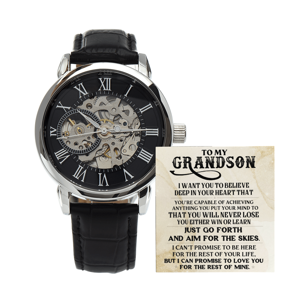 To My Grandson Skeleton Watch – Inspirational Gift from Grandpa or Grandma • Luxury Mechanical Watch with Message Card • Timeless Keepsake for Graduation, Birthday or Christmas