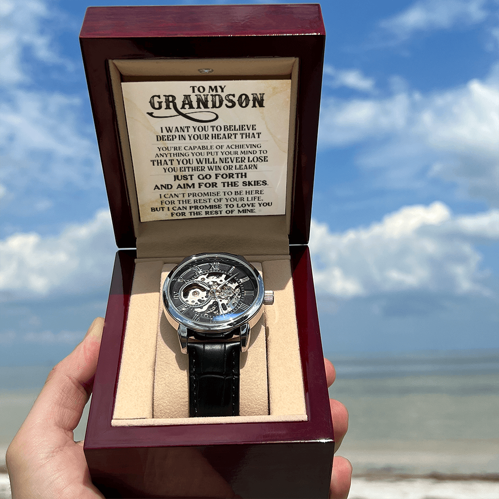 To My Grandson Skeleton Watch – Inspirational Gift from Grandpa or Grandma • Luxury Mechanical Watch with Message Card • Timeless Keepsake for Graduation, Birthday or Christmas