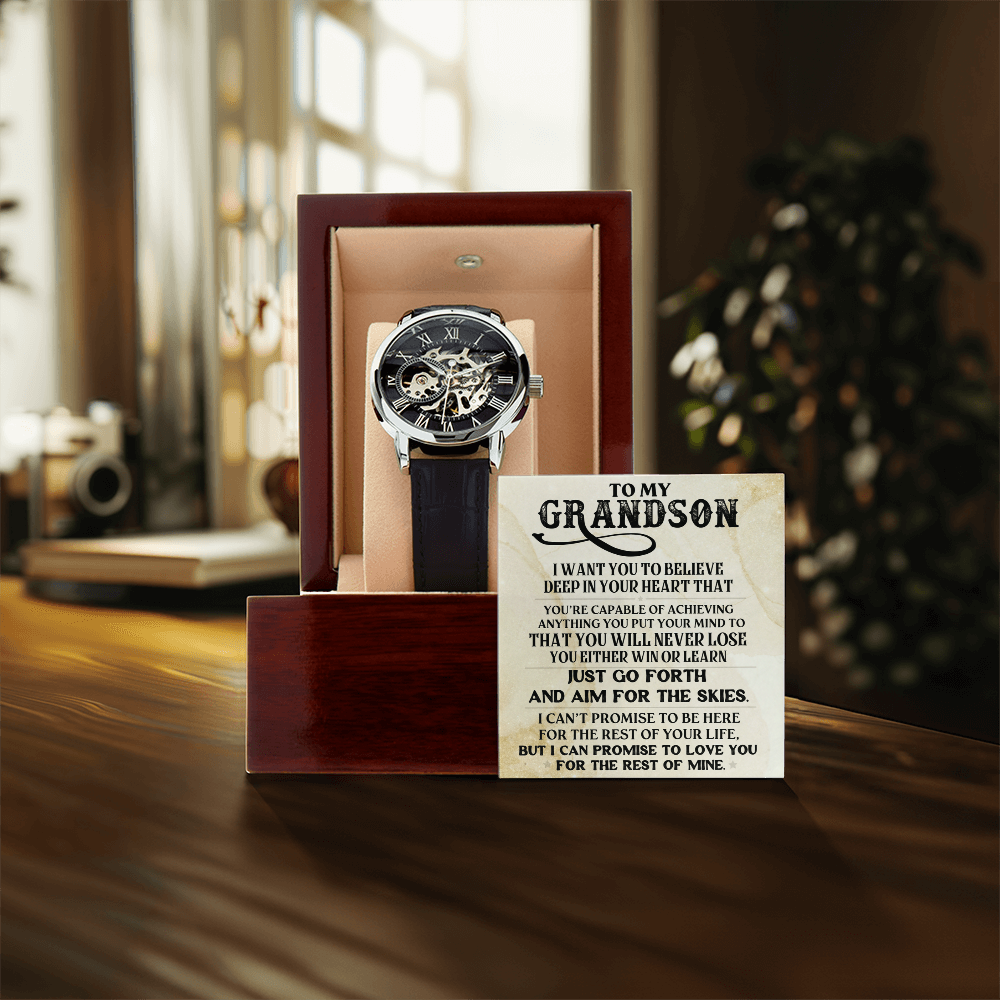To My Grandson Skeleton Watch – Inspirational Gift from Grandpa or Grandma • Luxury Mechanical Watch with Message Card • Timeless Keepsake for Graduation, Birthday or Christmas