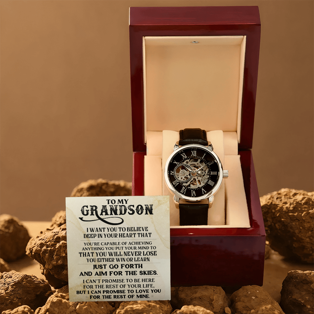 To My Grandson Skeleton Watch – Inspirational Gift from Grandpa or Grandma • Luxury Mechanical Watch with Message Card • Timeless Keepsake for Graduation, Birthday or Christmas