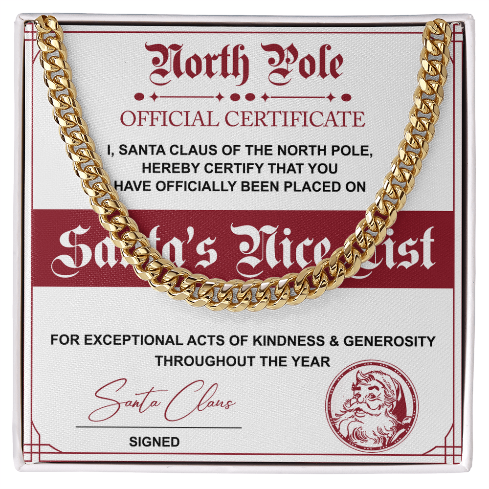 Santa's Nice List Cuban Chain Necklace – Fun Christmas Gift with Official North Pole Certificate