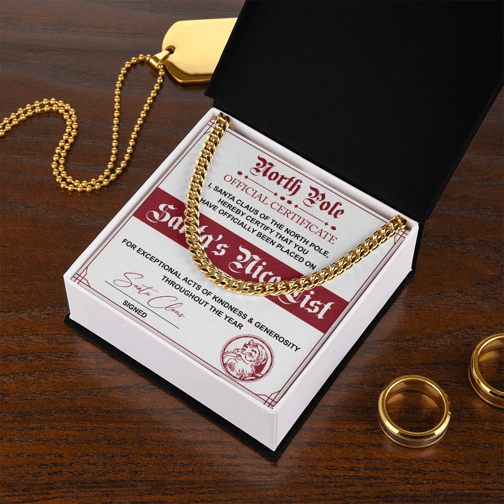 Santa's Nice List Cuban Chain Necklace – Fun Christmas Gift with Official North Pole Certificate