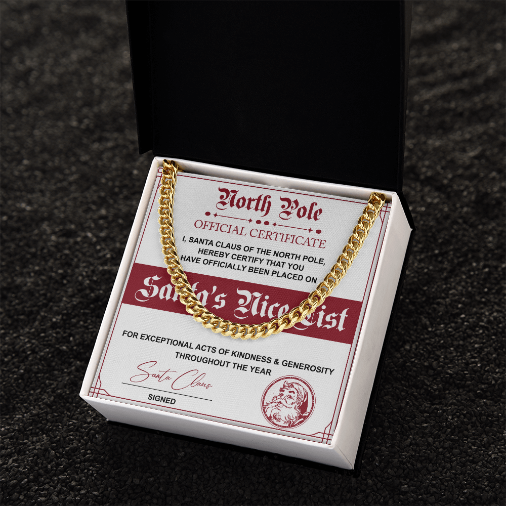 Santa's Nice List Cuban Chain Necklace – Fun Christmas Gift with Official North Pole Certificate