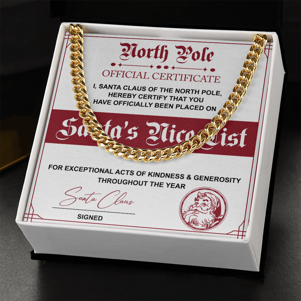 Santa's Nice List Cuban Chain Necklace – Fun Christmas Gift with Official North Pole Certificate