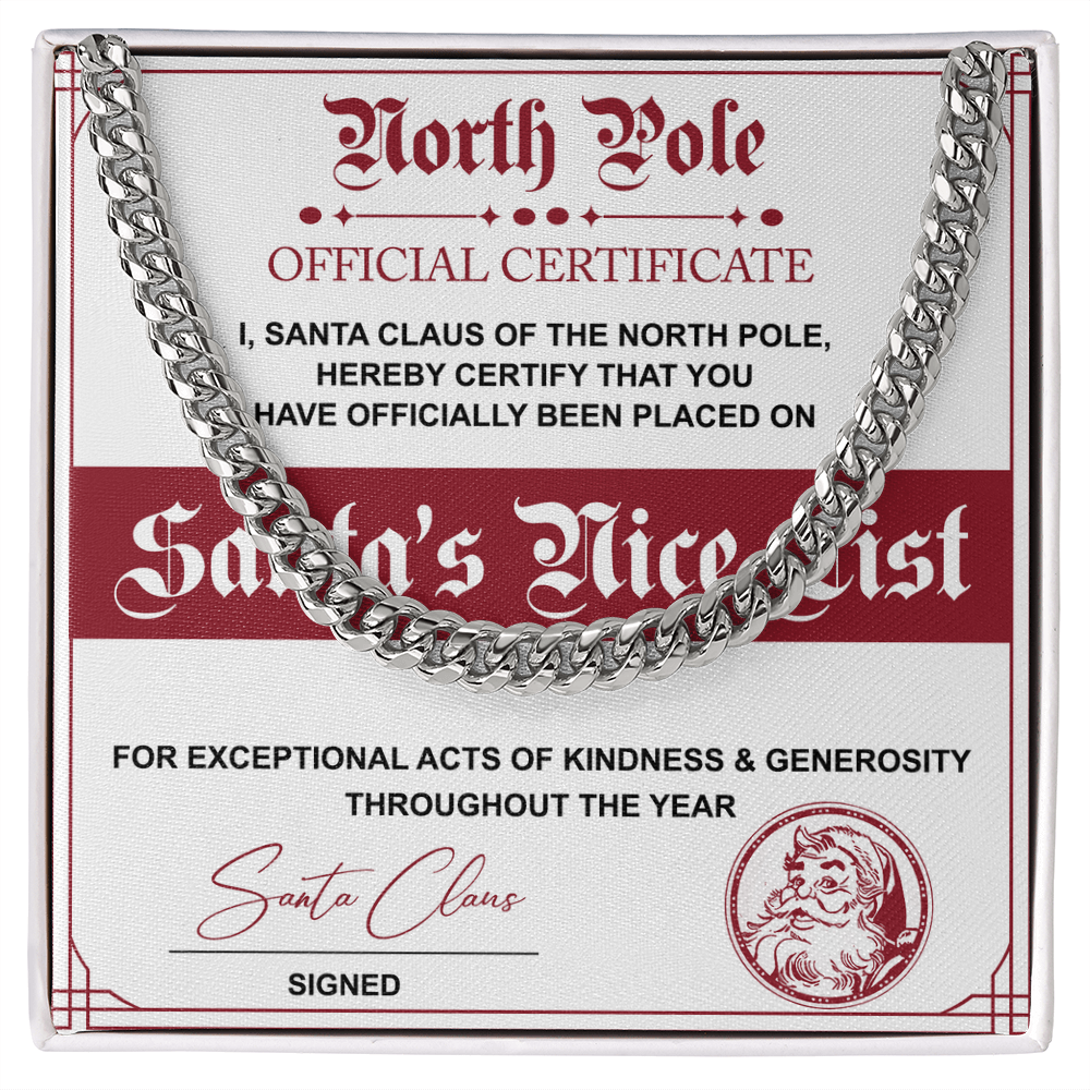 Santa's Nice List Cuban Chain Necklace – Fun Christmas Gift with Official North Pole Certificate