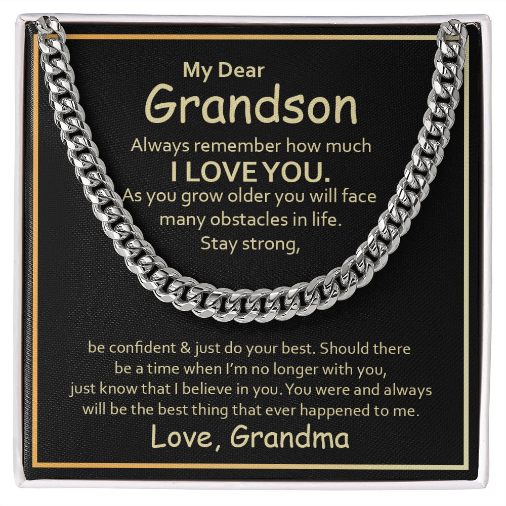 My Dear Grandson Cuban Chain Necklace – Meaningful Gift from Grandma, Strength & Love Message Card
