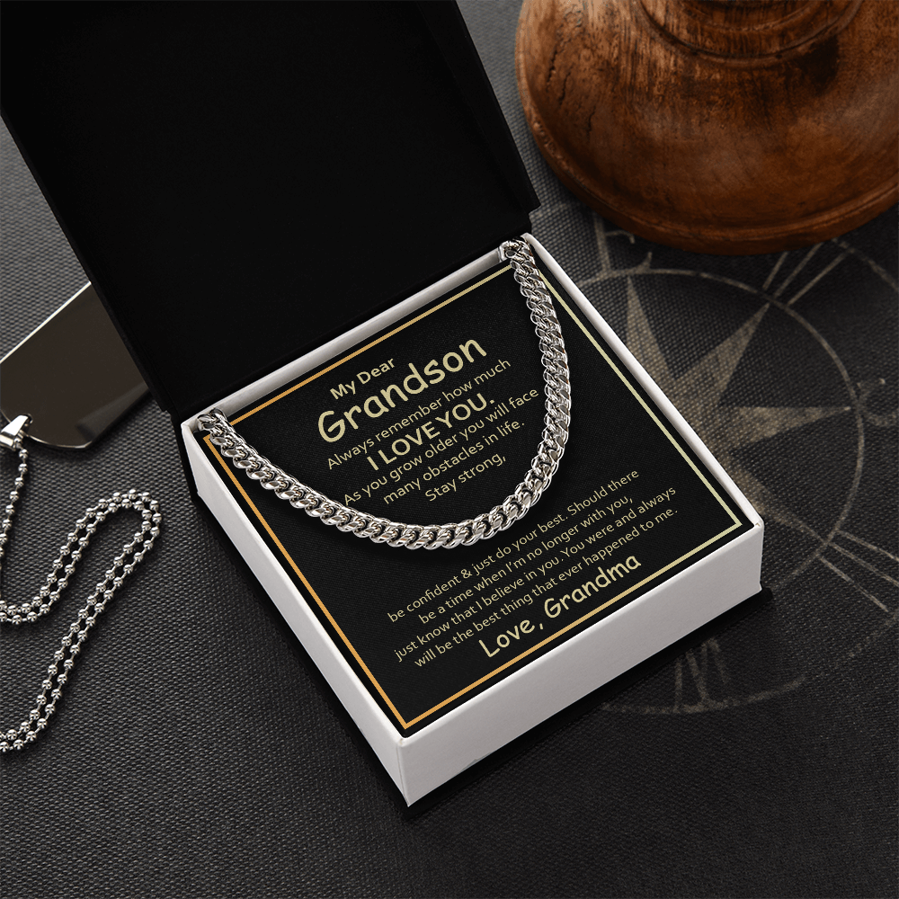 My Dear Grandson Cuban Chain Necklace – Meaningful Gift from Grandma, Strength & Love Message Card