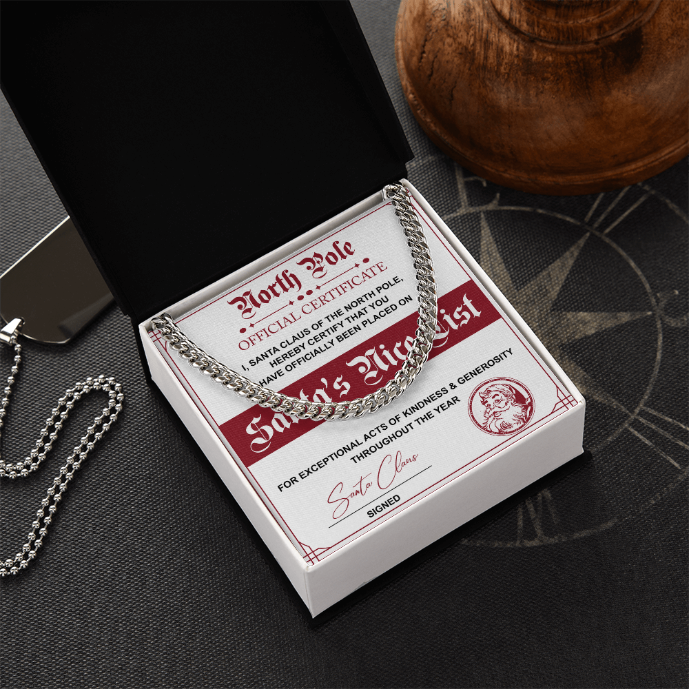 Santa's Nice List Cuban Chain Necklace – Fun Christmas Gift with Official North Pole Certificate