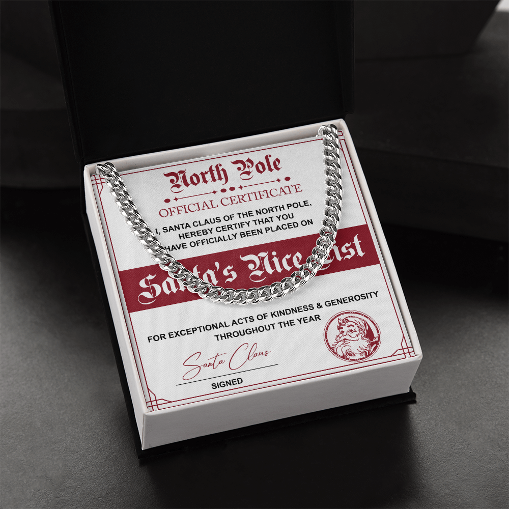 Santa's Nice List Cuban Chain Necklace – Fun Christmas Gift with Official North Pole Certificate