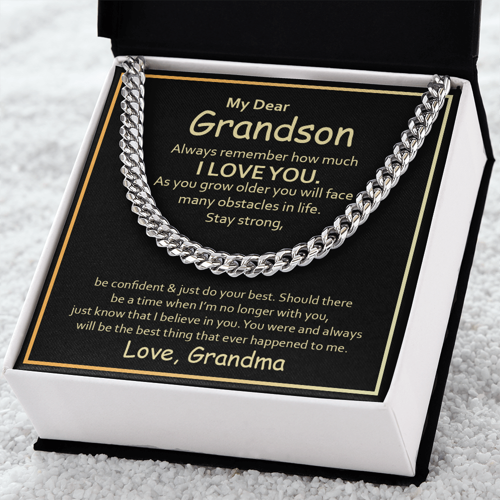 My Dear Grandson Cuban Chain Necklace – Meaningful Gift from Grandma, Strength & Love Message Card