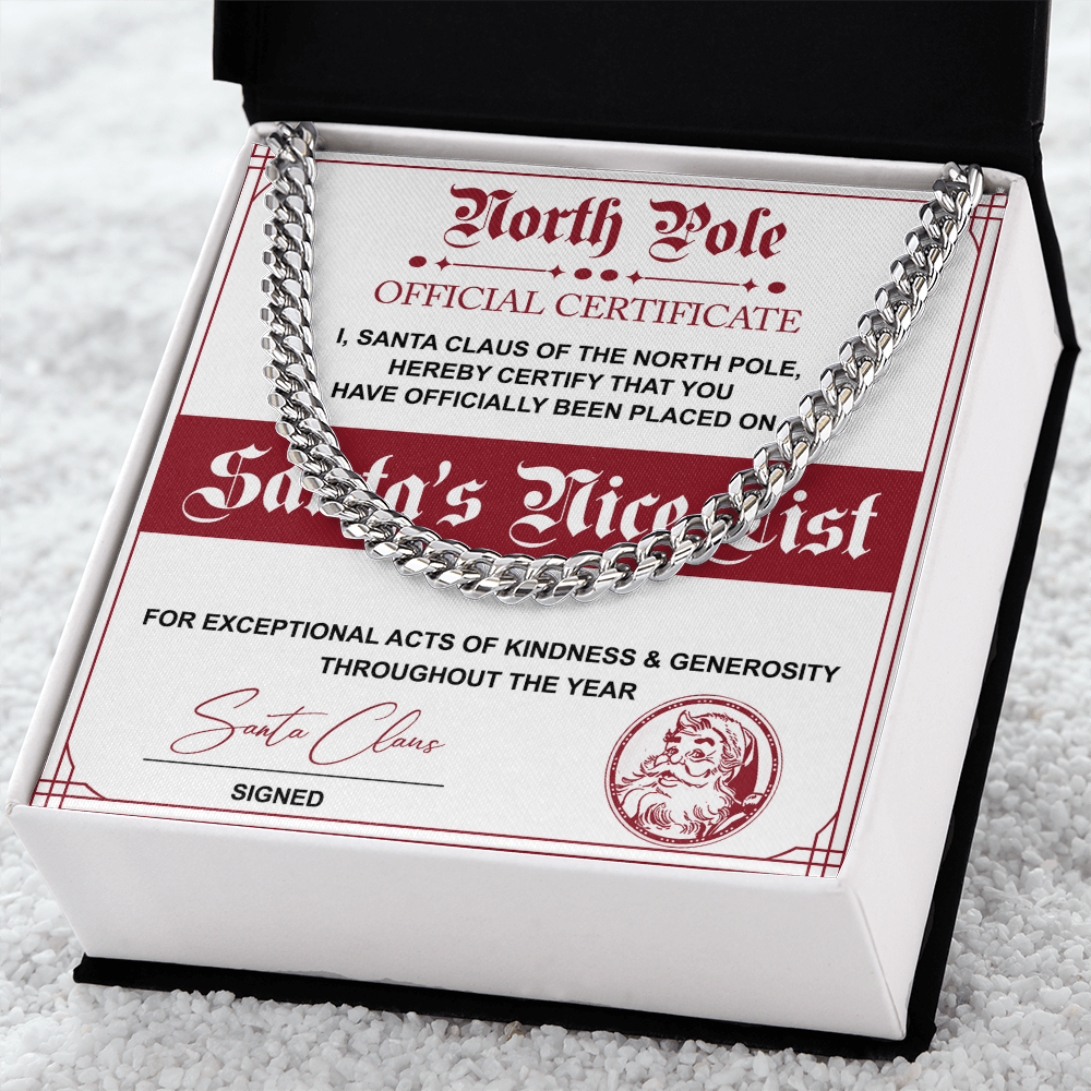 Santa's Nice List Cuban Chain Necklace – Fun Christmas Gift with Official North Pole Certificate