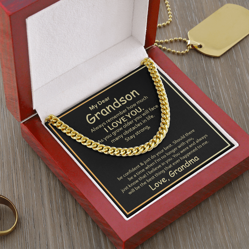 My Dear Grandson Cuban Chain Necklace – Meaningful Gift from Grandma, Strength & Love Message Card