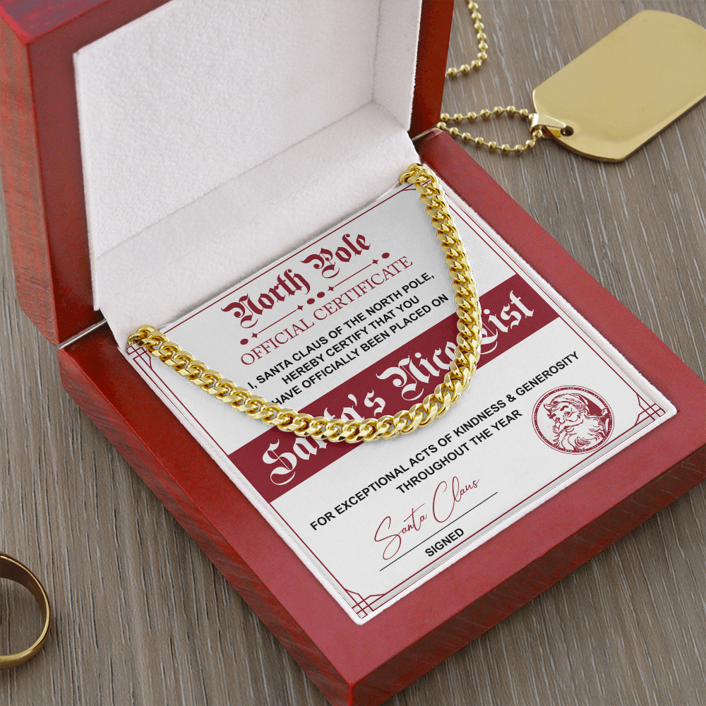 Santa's Nice List Cuban Chain Necklace – Fun Christmas Gift with Official North Pole Certificate