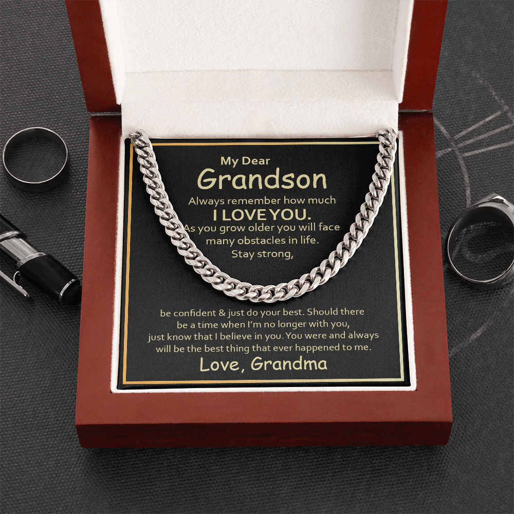My Dear Grandson Cuban Chain Necklace – Meaningful Gift from Grandma, Strength & Love Message Card