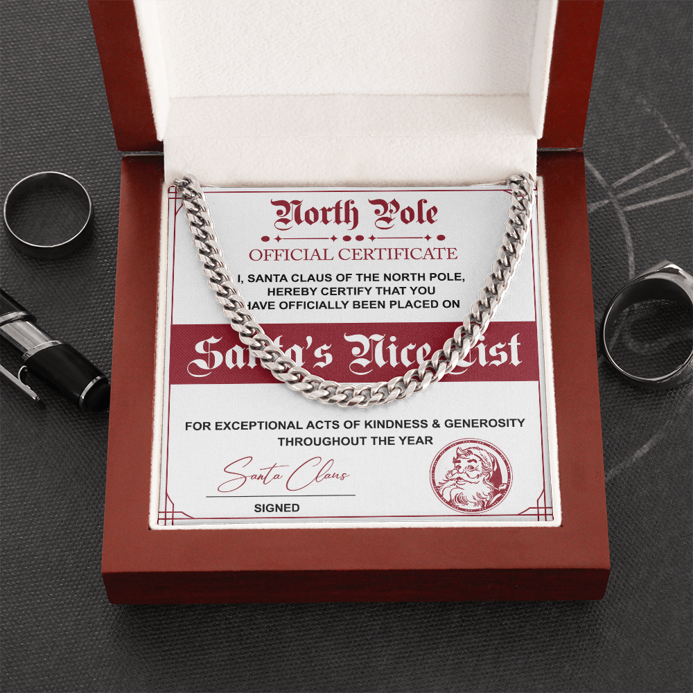 Santa's Nice List Cuban Chain Necklace – Fun Christmas Gift with Official North Pole Certificate