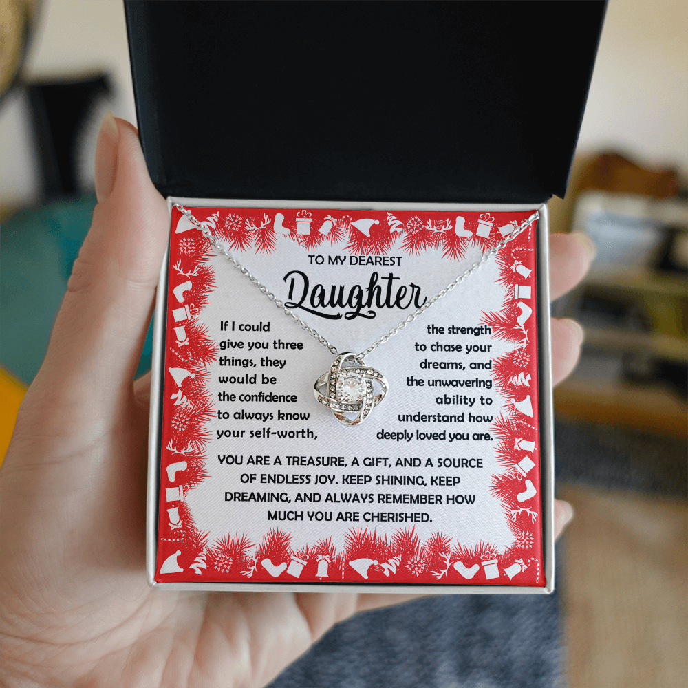 To My Dearest Daughter Necklace – Three Things I Wish for You – Confidence, Strength & Love Message Card Gift