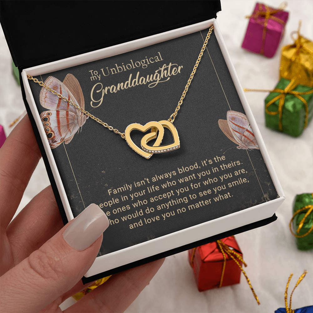 To My Unbiological Granddaughter Interlocking Hearts Necklace – Bonus Granddaughter Gift from Grandma – Blended Family Jewelry Gift for Birthday, Christmas & Just Because