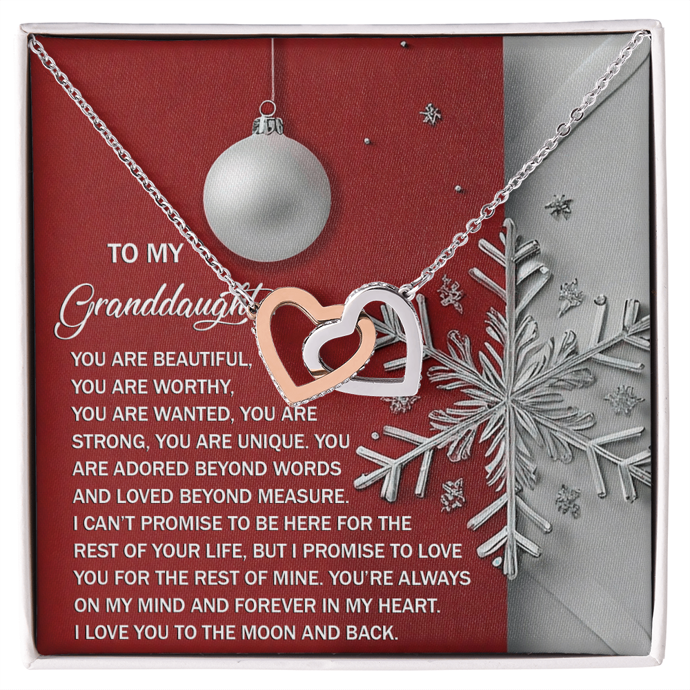 To My Granddaughter Christmas Interlocking Hearts Necklace – Red Ornament Snowflake Gift from Grandma – Holiday Granddaughter Jewelry Gift for Christmas & Winter