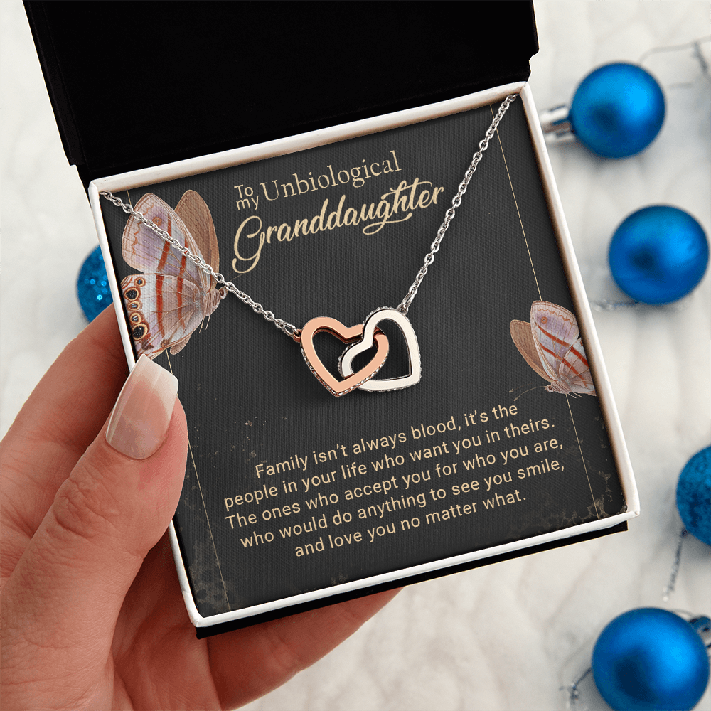 To My Unbiological Granddaughter Interlocking Hearts Necklace – Bonus Granddaughter Gift from Grandma – Blended Family Jewelry Gift for Birthday, Christmas & Just Because