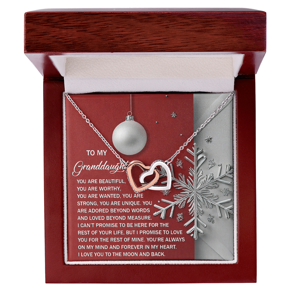 To My Granddaughter Christmas Interlocking Hearts Necklace – Red Ornament Snowflake Gift from Grandma – Holiday Granddaughter Jewelry Gift for Christmas & Winter