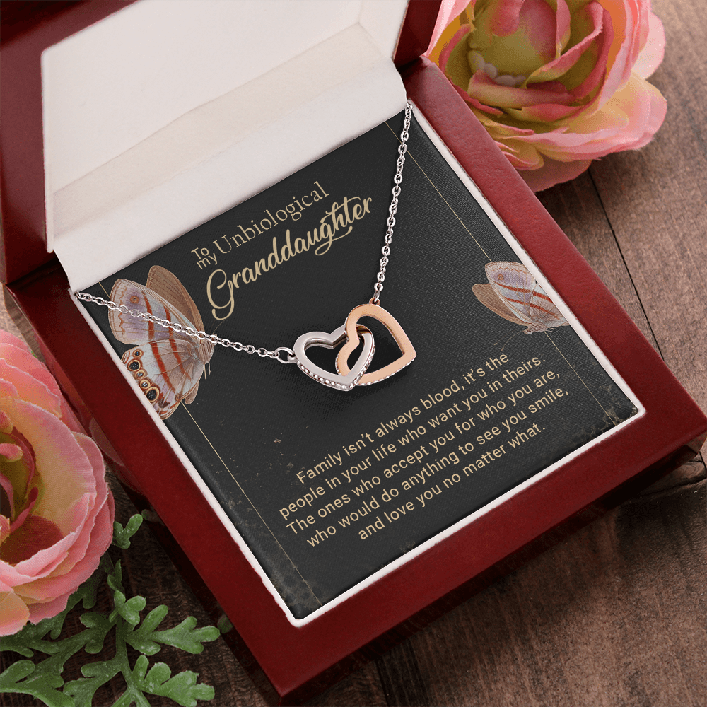 To My Unbiological Granddaughter Interlocking Hearts Necklace – Bonus Granddaughter Gift from Grandma – Blended Family Jewelry Gift for Birthday, Christmas & Just Because