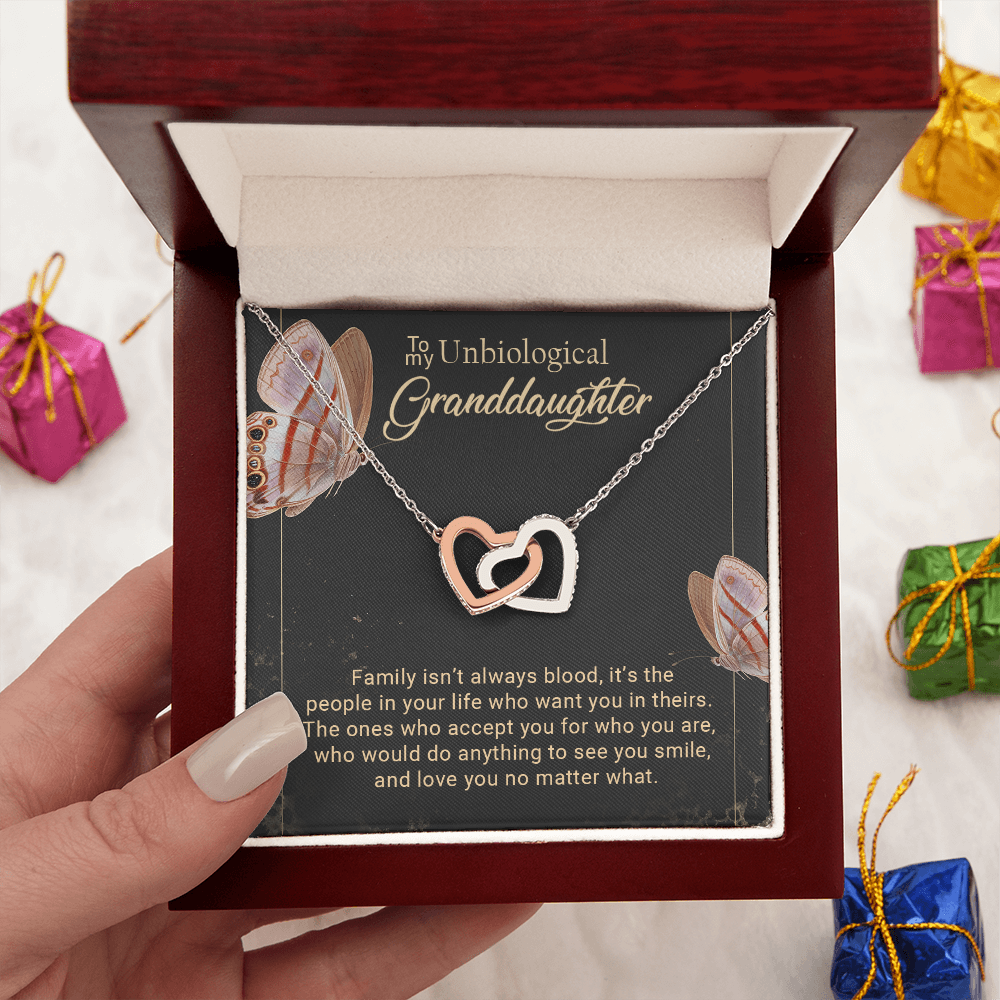 To My Unbiological Granddaughter Interlocking Hearts Necklace – Bonus Granddaughter Gift from Grandma – Blended Family Jewelry Gift for Birthday, Christmas & Just Because