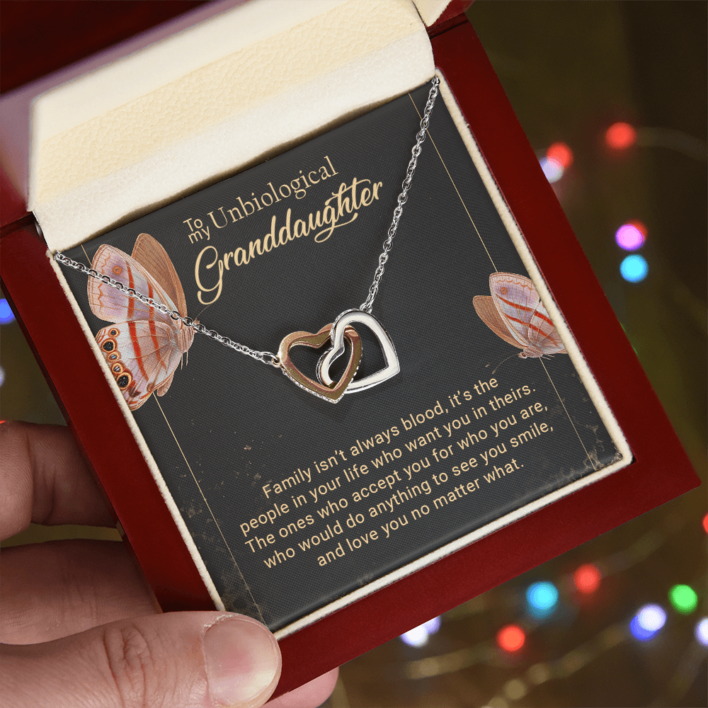 To My Unbiological Granddaughter Interlocking Hearts Necklace – Bonus Granddaughter Gift from Grandma – Blended Family Jewelry Gift for Birthday, Christmas & Just Because