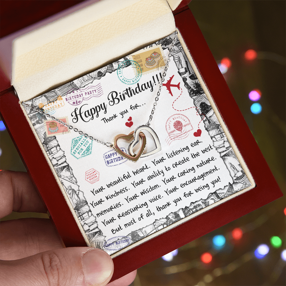 Birthday Interlocking Hearts Necklace – Heartfelt Birthday Gift for Her • Thank You Message Card • Elegant Jewelry for Mom, Daughter, Wife, Sister, Best Friend