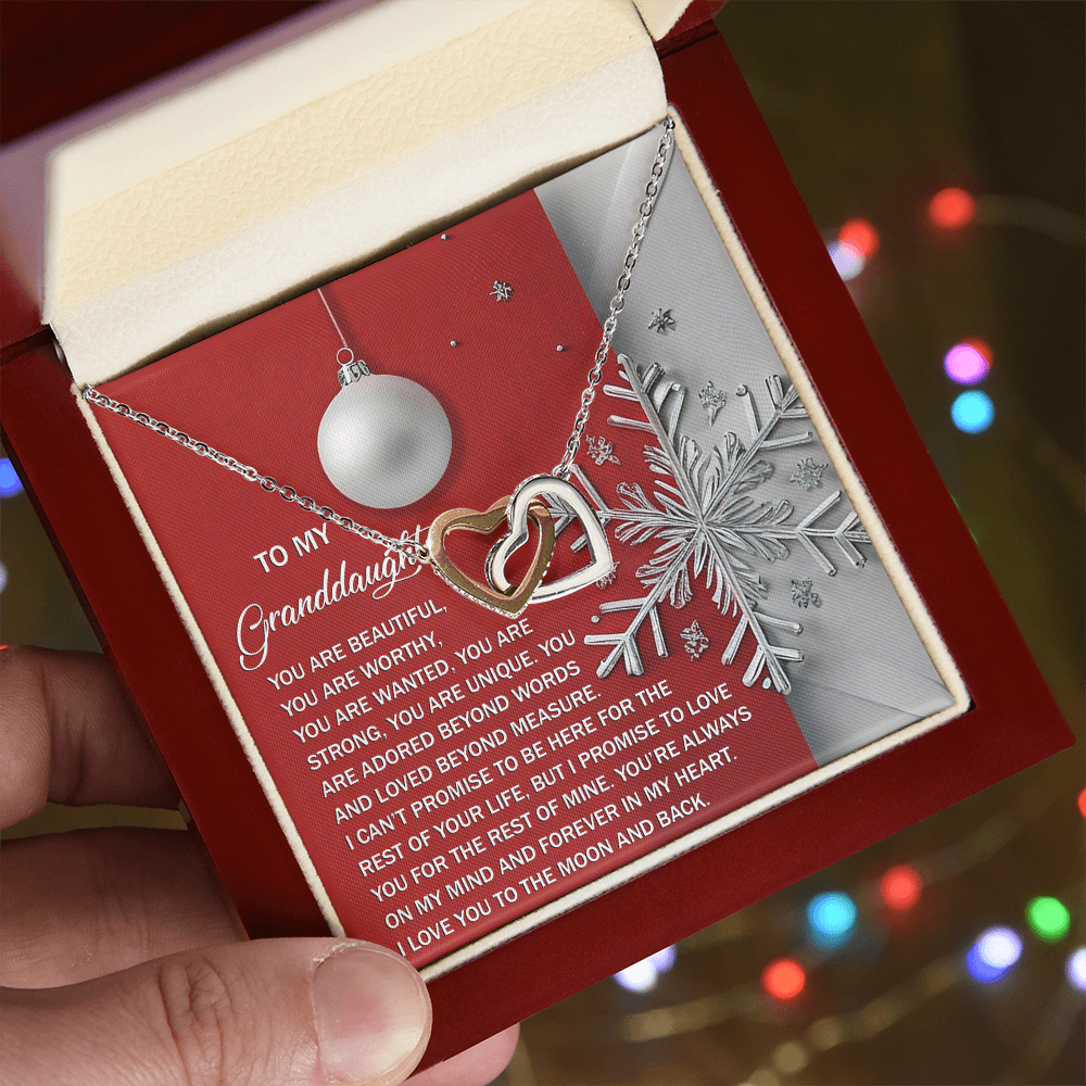 To My Granddaughter Christmas Interlocking Hearts Necklace – Red Ornament Snowflake Gift from Grandma – Holiday Granddaughter Jewelry Gift for Christmas & Winter