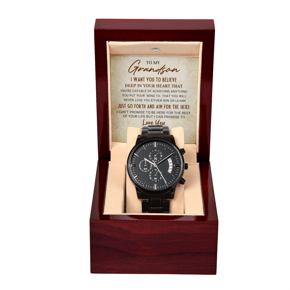 To My Grandson – Men's Black Chronograph Watch Gift from Grandma, Inspirational Message Card Included